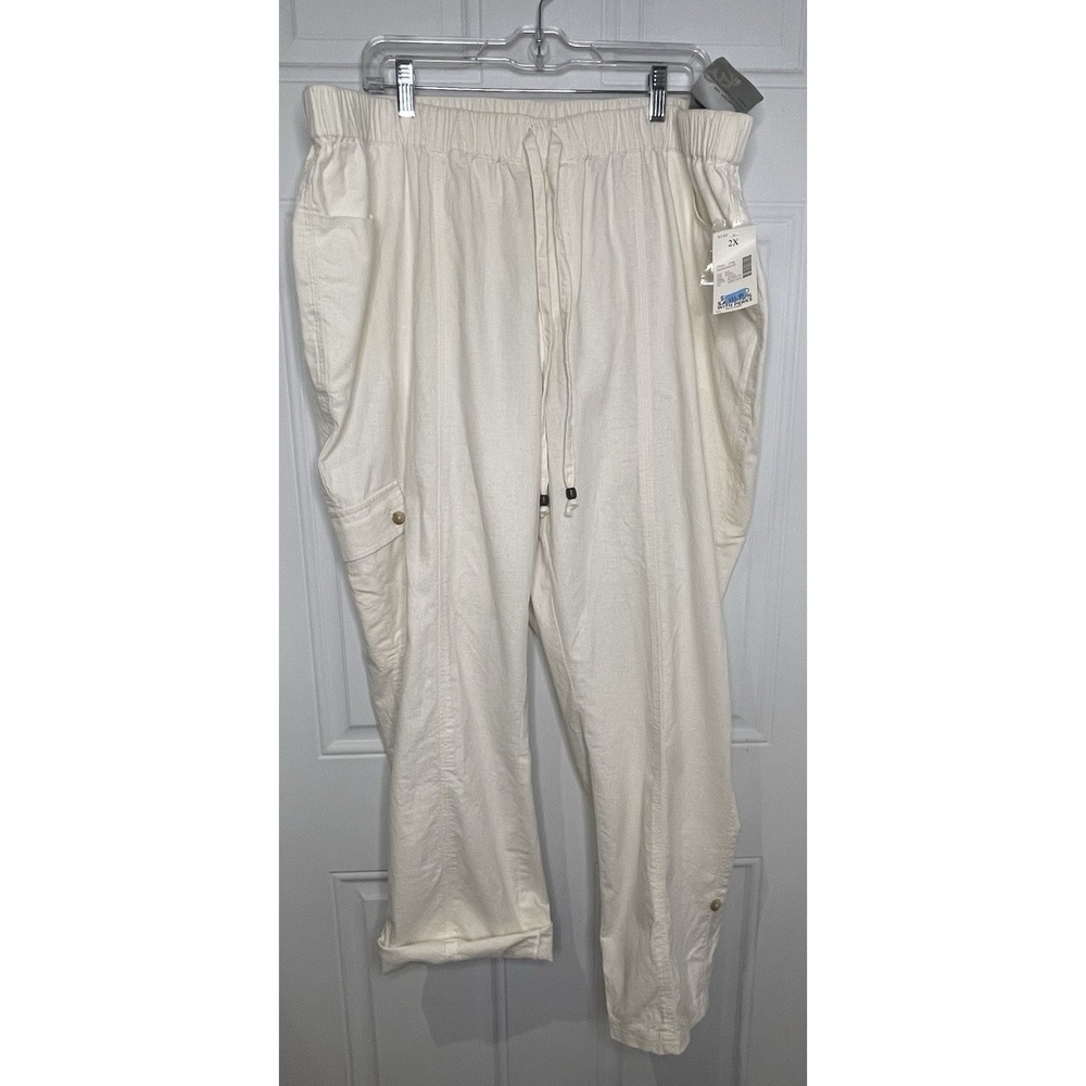 Catherines Women's Plus Size 2X White Linen Blend Capri Pants Roll Tab Cuffs